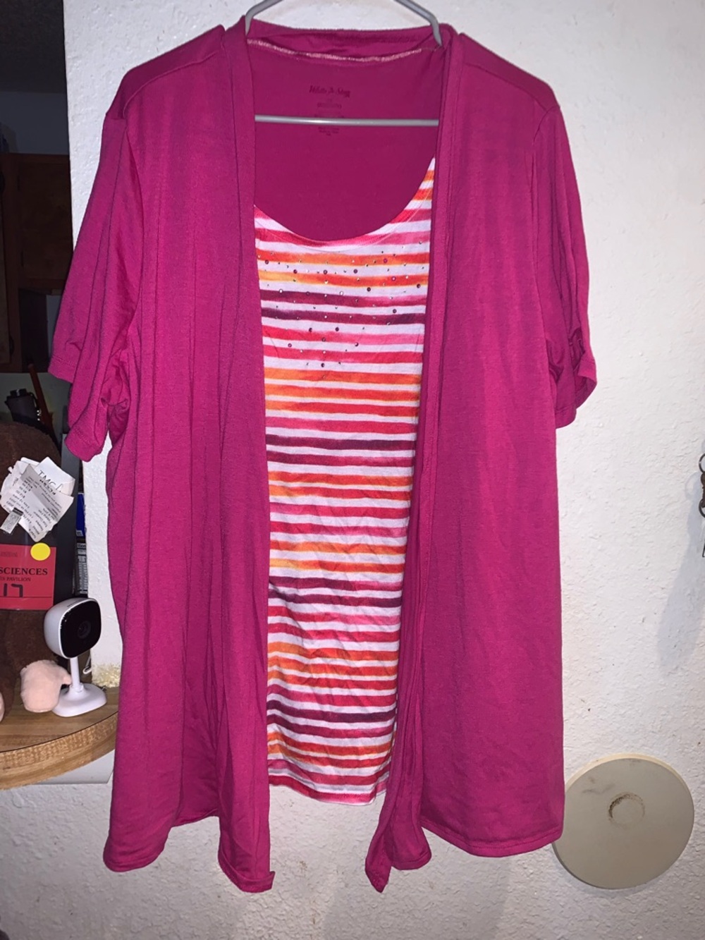 White Stag Fuchsia Open Cardigan with Striped Tank
